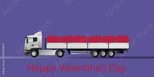 Happy Valentine's Day. A modern European truck with a semi-trailer carries red hearts for the holiday.