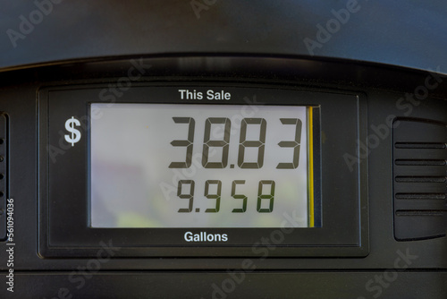 Plakat High rising gas prices close up of a gas pump counter in gasoline station