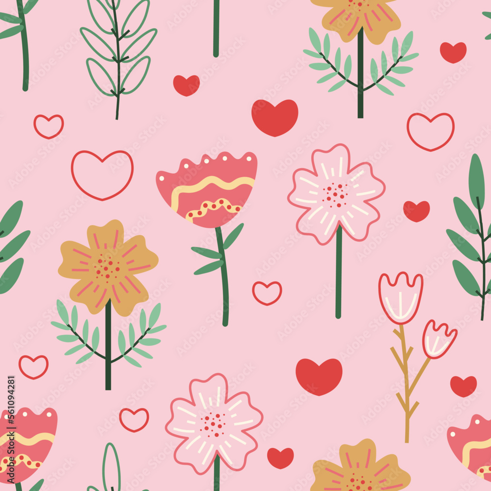 Floral seamless pattern. Vector design with flowers, suitable for Valentine's Day, for paper, cover, fabric, indoor decor and other uses. Vector illustration on a pink background.