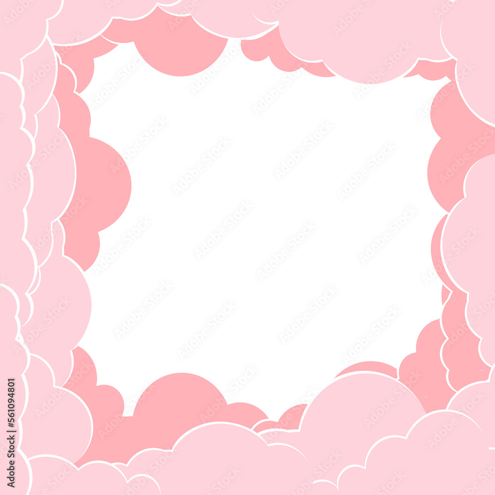 Frame from fluffy, soft vector, cartoon dawn, pink sunset clouds, postcard design element. wallpapers, backgrounds.