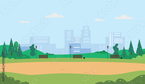 Park landscape with city buildings silhouettes on background