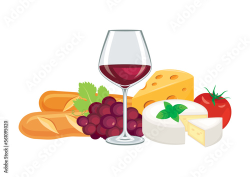 Glass of red wine and various types of cheese still life icon vector. Red wine, grapes, camembert, emmental, baguette appetizer icon vector isolated on a white background