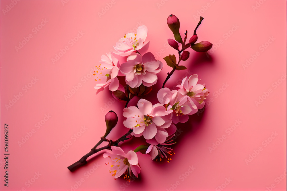 Single Pink Cherry Blossom on solid pink background