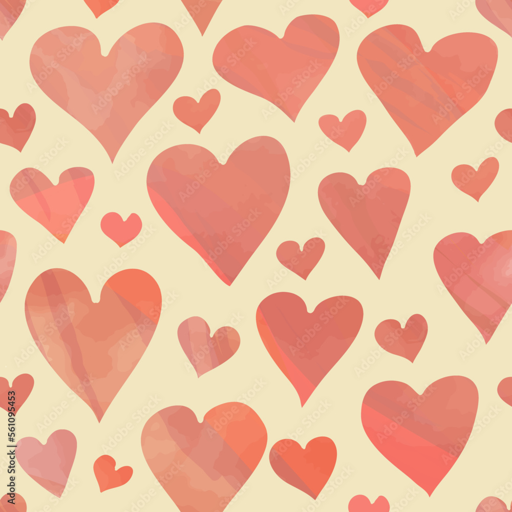 Watercolor painted pink hearts, vector seamless pattern.
