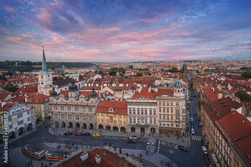 Aerial view of Malostranske Namesti Square at sunset - Prague, Czech Republic photo