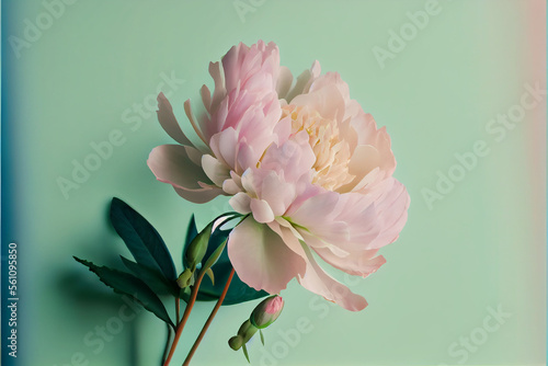 Peony flower on solid blue background - AI Generated