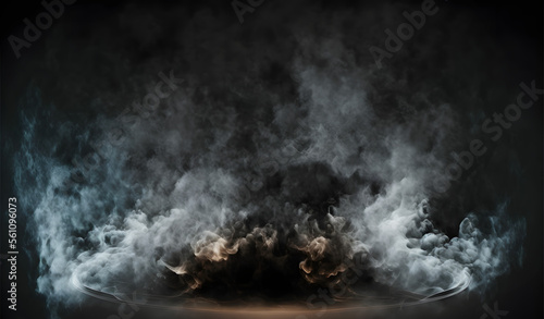 smoke exploding on dark black background, empty place middle center, fog effect, illustration digital generative ai design art style