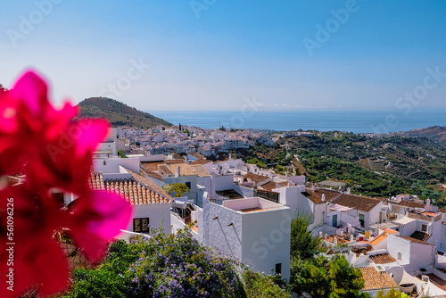 Panorama of Frigiliana with a flower, traditional spanish village