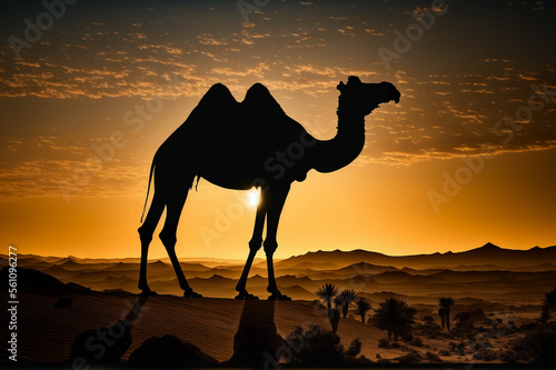 Silhouette of a camel during sunset in a desert Generative AI