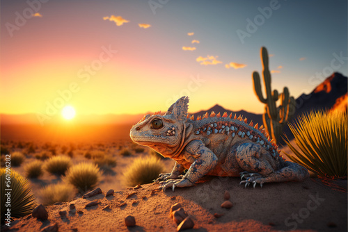 Fotografiet Desert lizard during sunset Generative AI