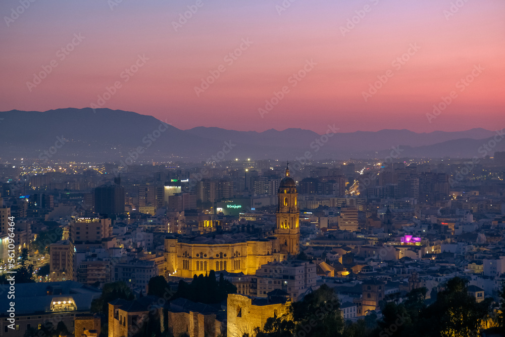 Fototapeta premium Aerial view of the Cathedral of Malaga at dusk