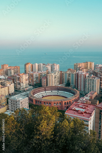 Aerial view of plaza de toros in Malaga, Spain - creative edit, urbanisation concepts