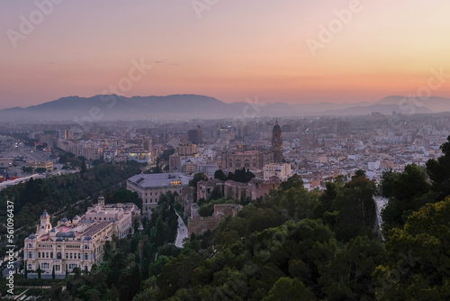 Aerial view of the Cathedral of Malaga at dusk