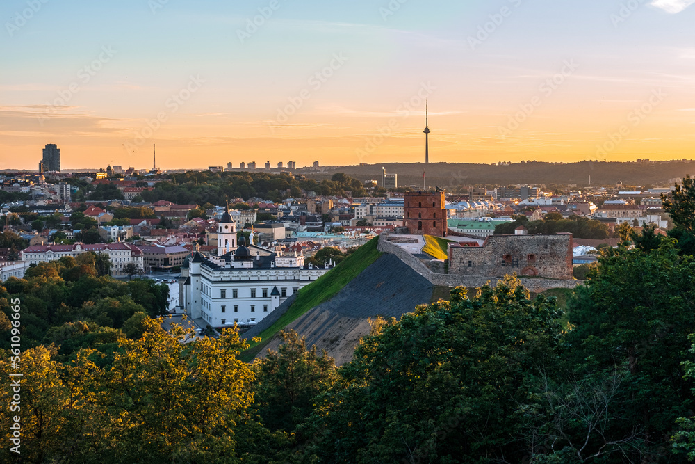 Aerial view of Vilnius at dusk from three crosses hill in Vilnius, Lithuania