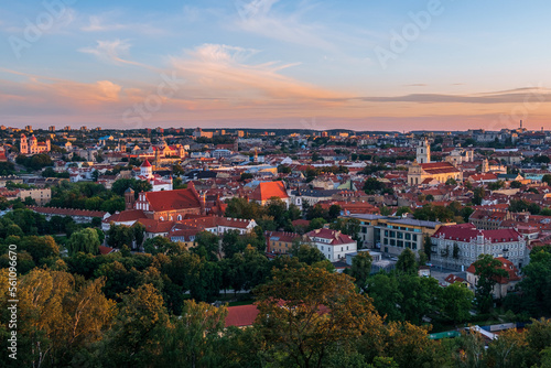 Aerial view of Vilnius at dusk from three crosses hill in Vilnius, Lithuania