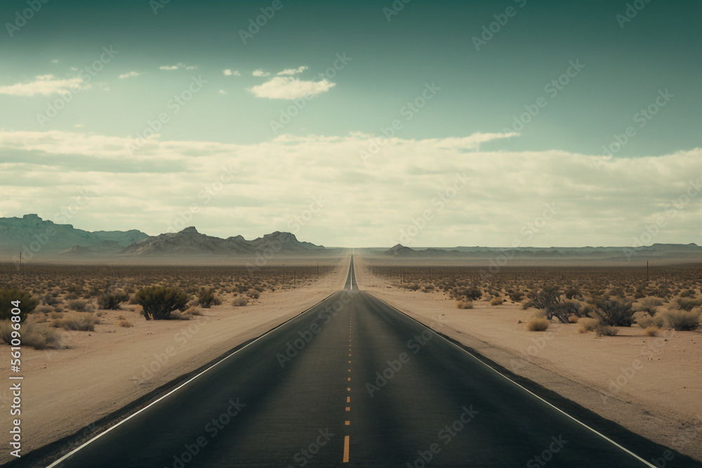 Fototapeta premium Long straight deserted road on the American prairies