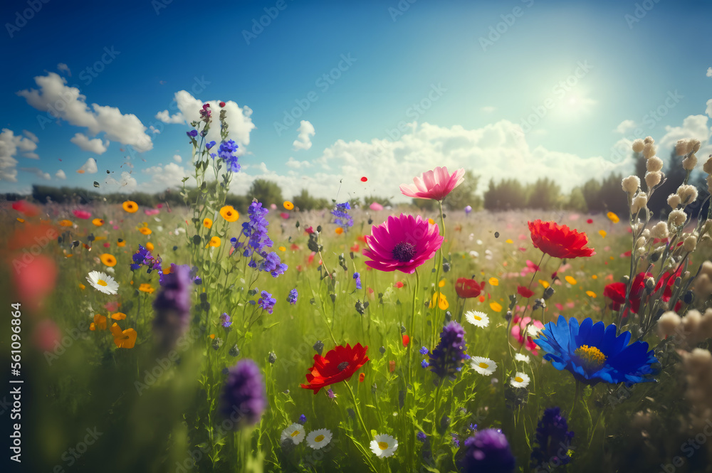 A Springtime Escape: The Beauty of a Flower Meadow with a Blue Sky, Generative AI