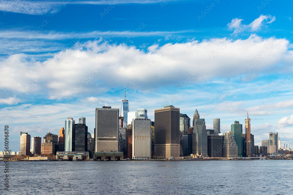 The skyline of lower Manhattan, viewed from a ferry.