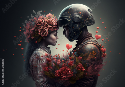 Saint Valentin, a man and a woman with flowers in their hair, Generative AI