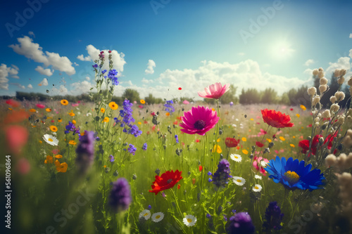 A Springtime Escape: The Beauty of a Flower Meadow with a Blue Sky, Generative AI © Forge Spirit