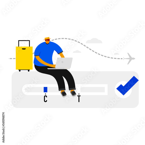 Cartoon characters of traveling and Covid screening on isolation background. 