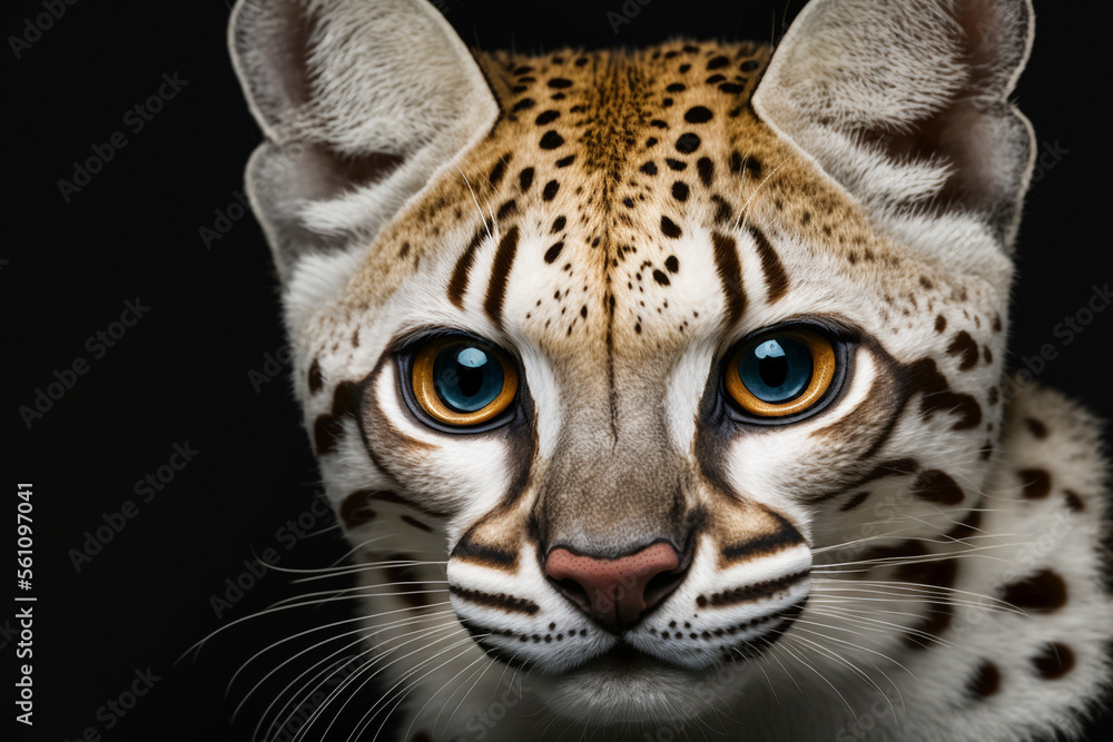Extreme close up portrait of a margay on a black background, Generative AI