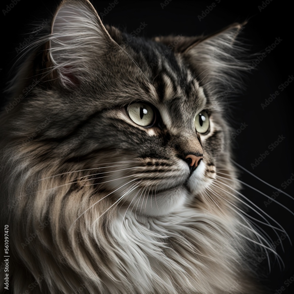 Fototapeta premium Portrait of long-haired cat with realistic fur and expressive eyes. Close up.