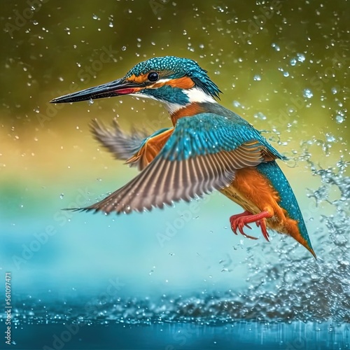 Hummingbird flying and splashing over water. Profile view. 3d illustration. © Nektarstock