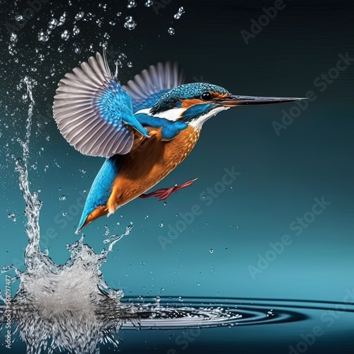 Blue bird above water with spread wings and water splash. Profile view.