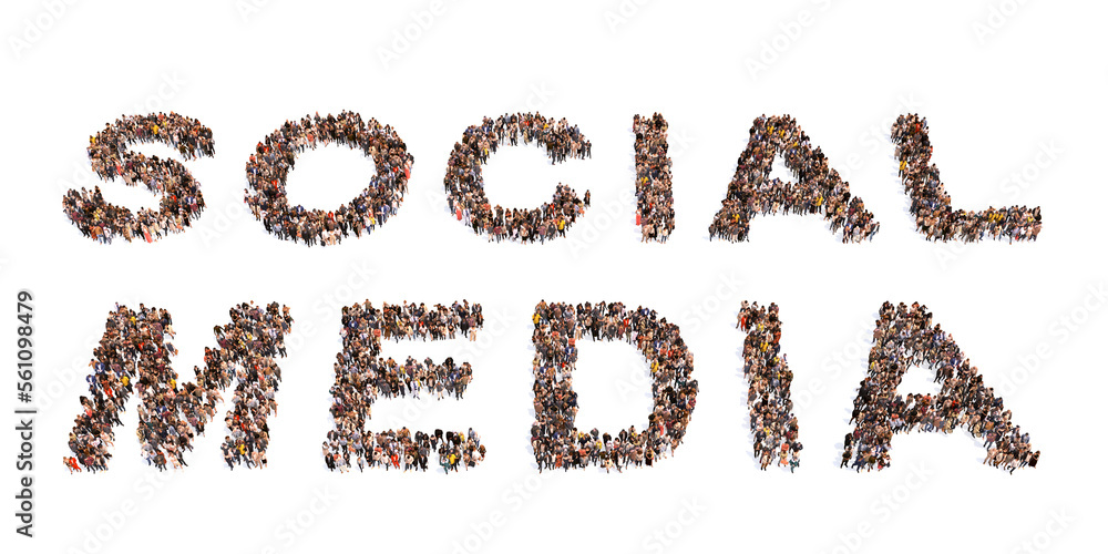 Concept conceptual large community of people forming SOCIAL MEDIA word. 3d illustration metaphor for communication and connection, networking and technology, advertising, global and worldwide Concept conceptual large community of people forming SOCIAL MEDIA word. 3d illustration metaphor for communication and connection, networking and technology, advertising, global and worldwide