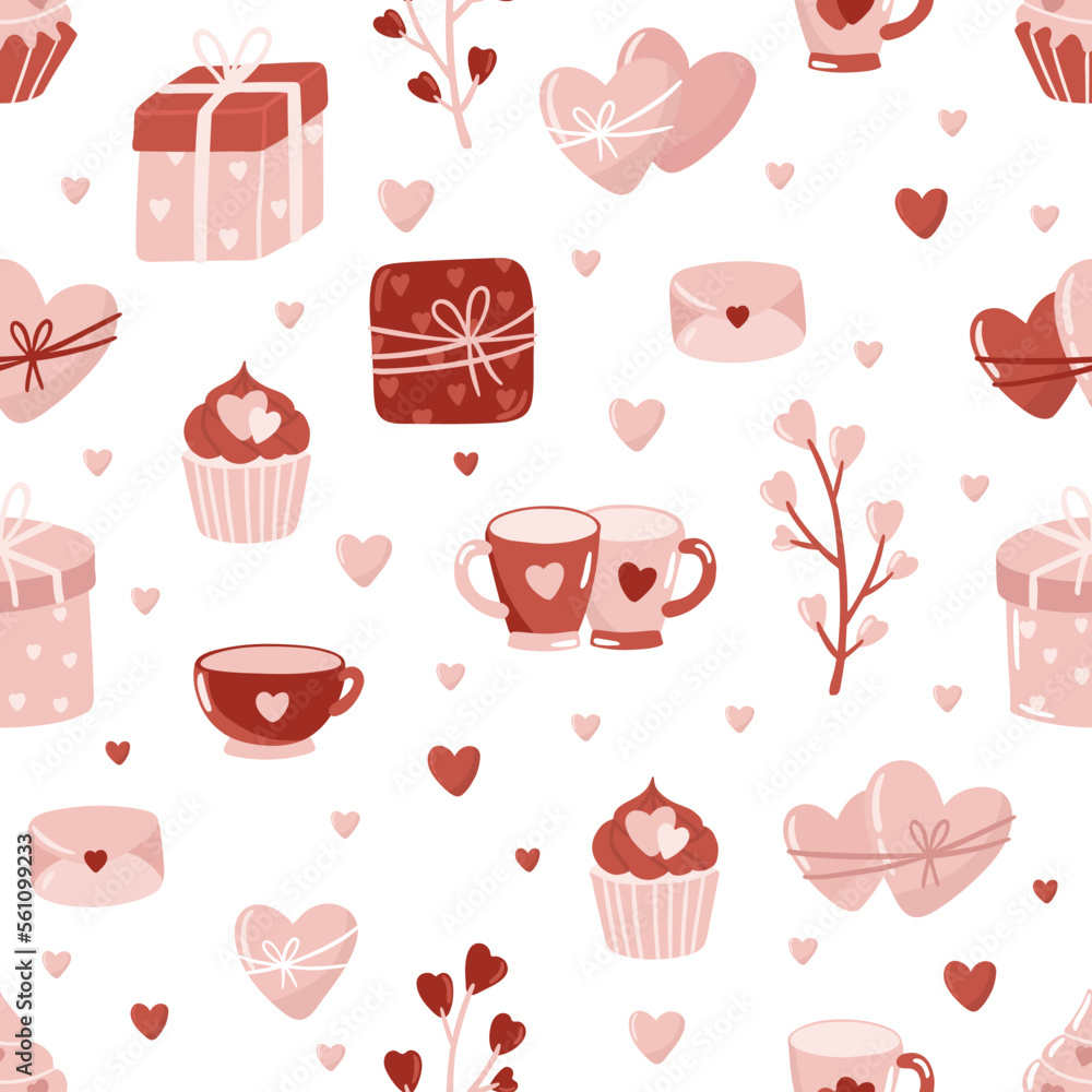 Valentine s Day seamless pattern with hand drawn elements on bright background. Flower, letter, coffee. Background for gift wrapping or fabric design. Valentine s Day seamless pattern with hand drawn elements on bright background. Flower, letter, coffee. Background for gift wrapping or fabric design.