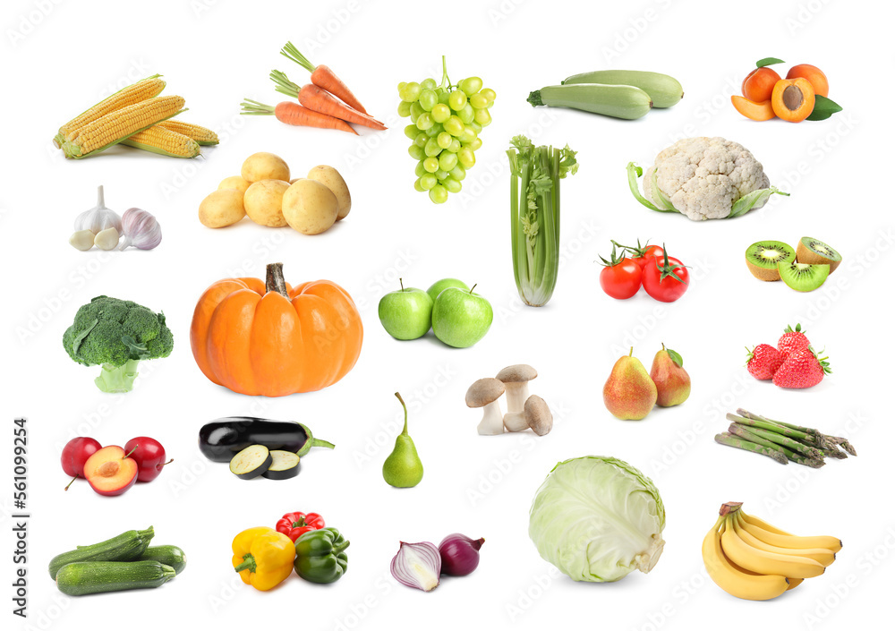 Healthy diet. Set with many different fruits and vegetables on white background Healthy diet. Set with many different fruits and vegetables on white background