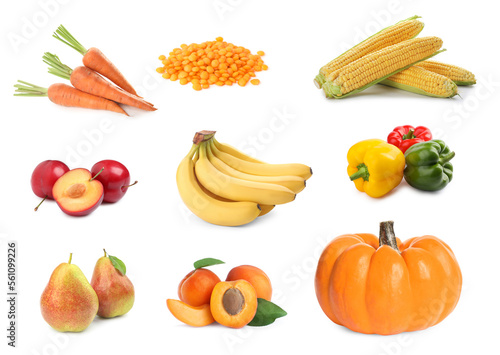 Set with many different fruits  vegetables and pile of lentils on white background