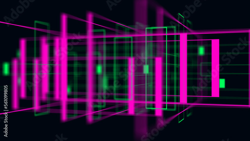Fototapeta Naklejka Na Ścianę i Meble -  Colorful pink and green 3D geometrical neon space background VJ loop. Glossy colorful shapes