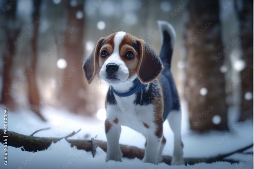Beagle puppy in snowy forest, Generative AI