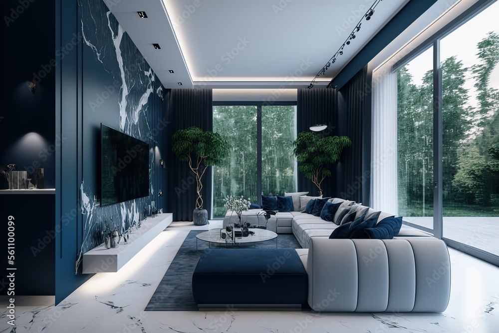 Large living room, open view of the forest, walls finished in white and ...