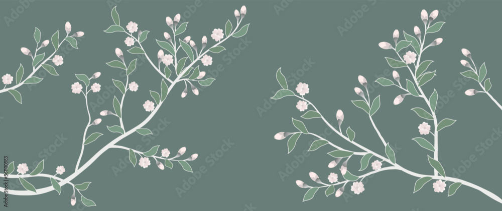 Vector botanical art. Delicate exotic chinoiserie design in shades of green with blooming apple trees. Colored vector illustration for print, cover, decor, fabric.