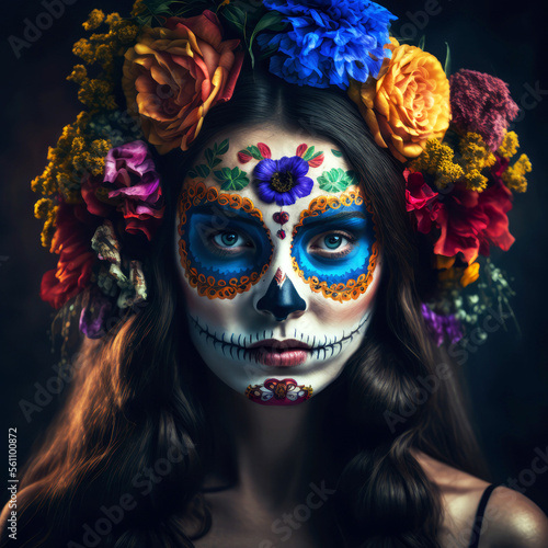 Young woman with colorful skull make up - Generative AI