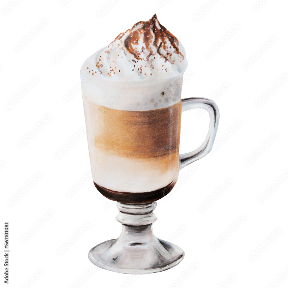 Watercolor fluffy foam latte illustration coffee in a glass cup. Hand painting on a white isolated background. For designers, menu, shop, bar, bistro, restaurant, for postcards, wrapping paper, covers Watercolor fluffy foam latte illustration coffee in a glass cup. Hand painting on a white isolated background. For designers, menu, shop, bar, bistro, restaurant, for postcards, wrapping paper, covers