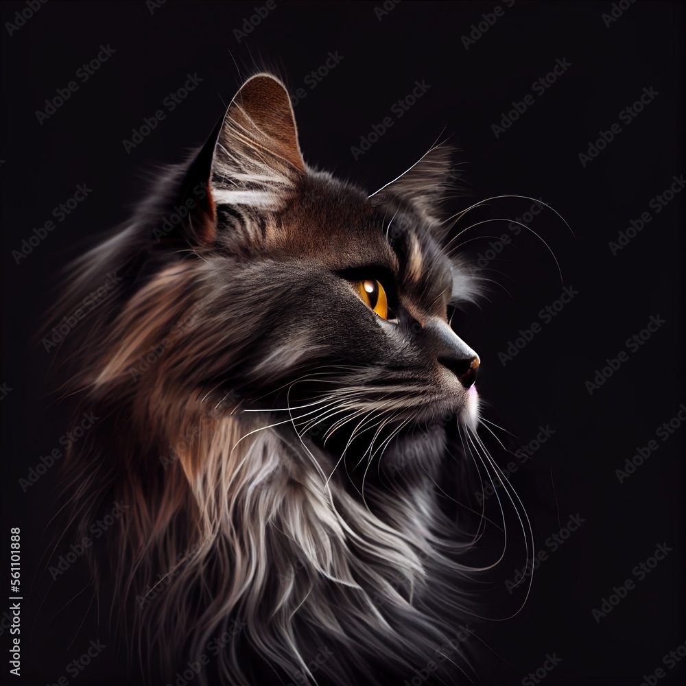 Asian Semi-Longhair cat breed isolated on a black background. Generative AI