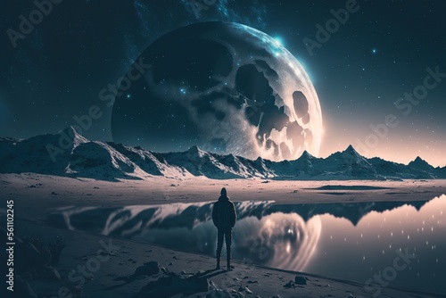 a lonely man against the background of a lonely moon and stars looks into the distance