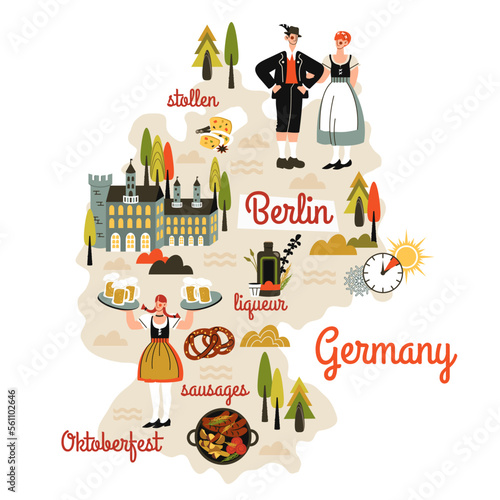 Germany map hand drawn in cartoon style. People in national dress, tourist attractions, cultural landmarks, architecture, inventions, food. Comic infographic, doodle cliparts. Vector flat illustration