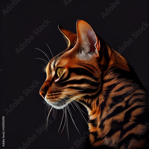 Toyger cat breed isolated on a black background. Generative AI