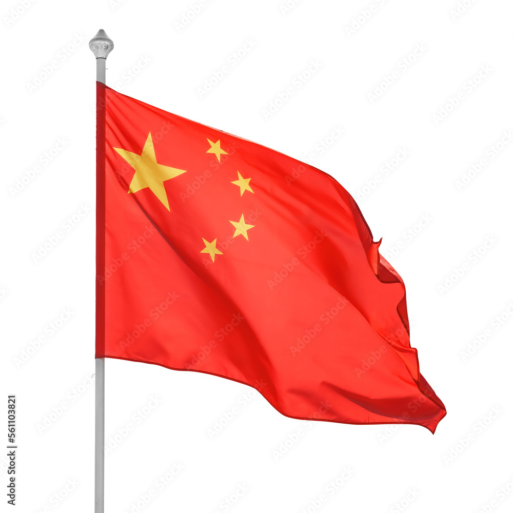 Chinese flag on flagpole. Isolated png with transparency