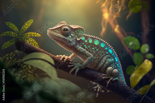 colorful chamelon sitting on a branch in a forest  lizard sitting on a branch in a forest