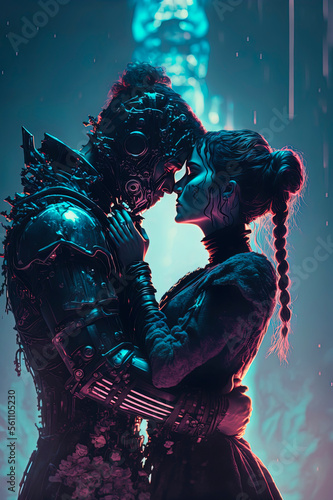 cybernetic humanoid about to kiss each other, dystopian art, cyberpunk love