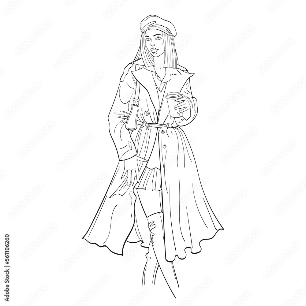 A young woman in a raincoat with a purse on her shoulder, beret, high boots. Holds coffee in hand, outside, walk. Hand drawing, sketch, outline. Vector illustration. A young woman in a raincoat with a purse on her shoulder, beret, high boots. Holds coffee in hand, outside, walk. Hand drawing, sketch, outline. Vector illustration.