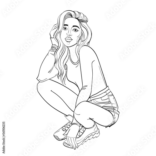 The girl is squatting, straightening her hair with her hand. Alternative rest position. Long sleeve sweater, shorts, sneakers. Hand drawing, sketch, outline. Isolated on white background. Vector 