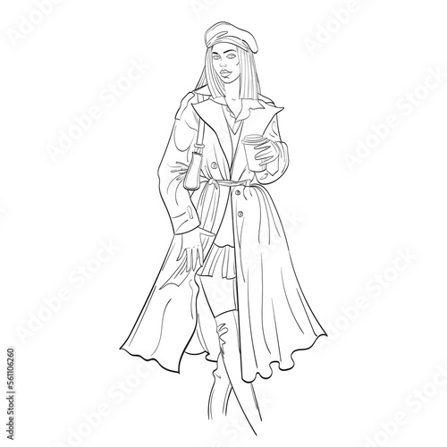 A young woman in a raincoat with a purse on her shoulder, beret, high boots. Holds coffee in hand, outside, walk. Hand drawing, sketch, outline. Vector illustration.