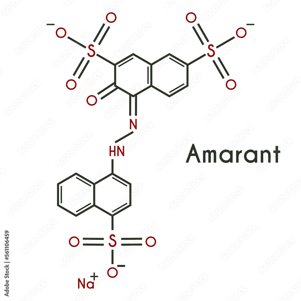 Amaranth, E123, Food Red 9, Acid Red 27, Azorubin S is a modified red azo dye used as a food coloring and for coloring cosmetics. Chemical formula. Vector Amaranth, E123, Food Red 9, Acid Red 27, Azorubin S is a modified red azo dye used as a food coloring and for coloring cosmetics. Chemical formula. Vector